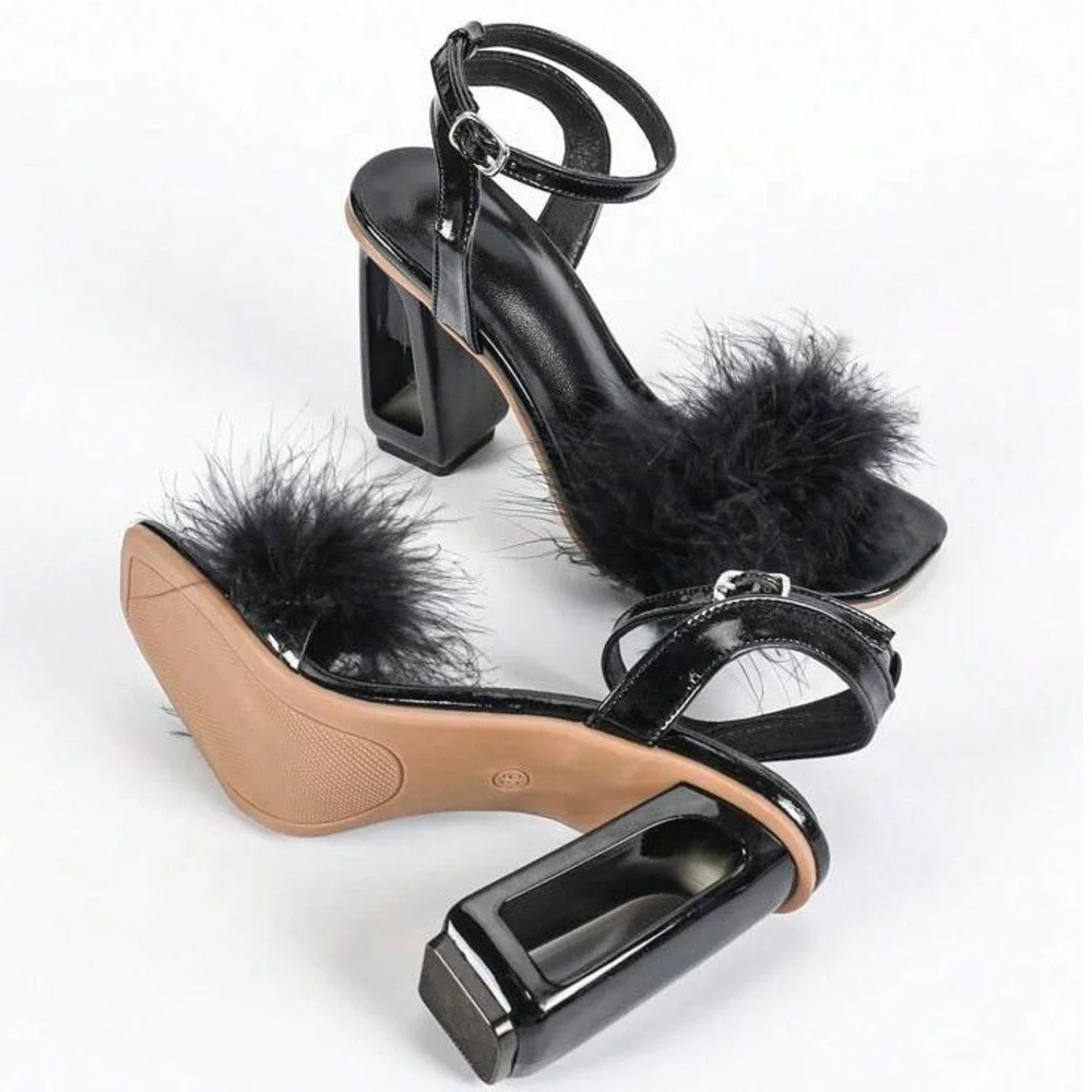 Black Feather Ankle Strap Sandals Cut Out Block Heel Square Toe Sz 11.5 EUR 44